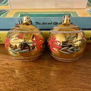 2 VTG Mercury Gold Glass Hand painted Red Flowers Glitter Christmas Ornaments